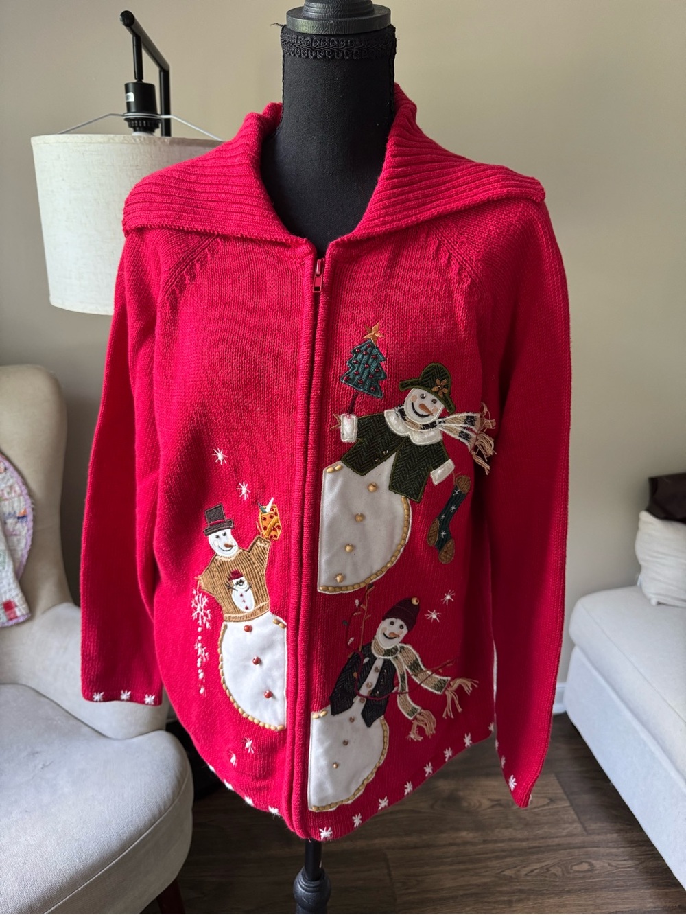 Red Holiday Snowman Zip-Up Sweater Jacket